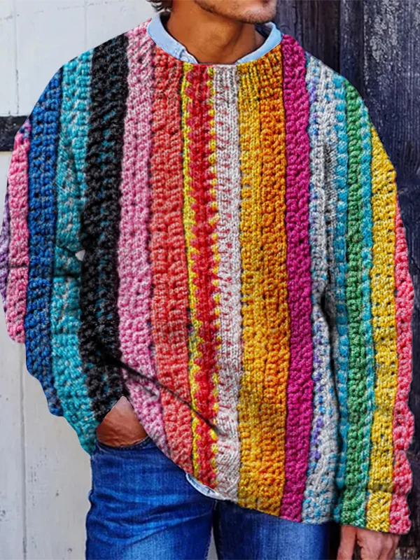 Men's Rainbow Colorful Wool Weaving Embroidery Print Knit Sweatshirt