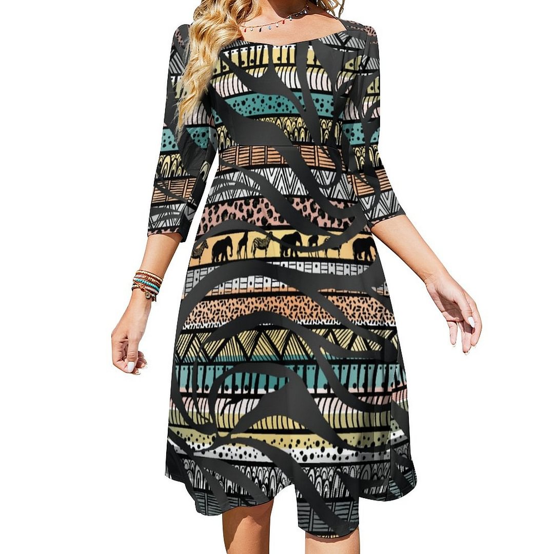 Trendy Tribal African Pattern Zebra Print Dress Sweetheart Tie Back Flared 3/4 Sleeve Midi Dresses