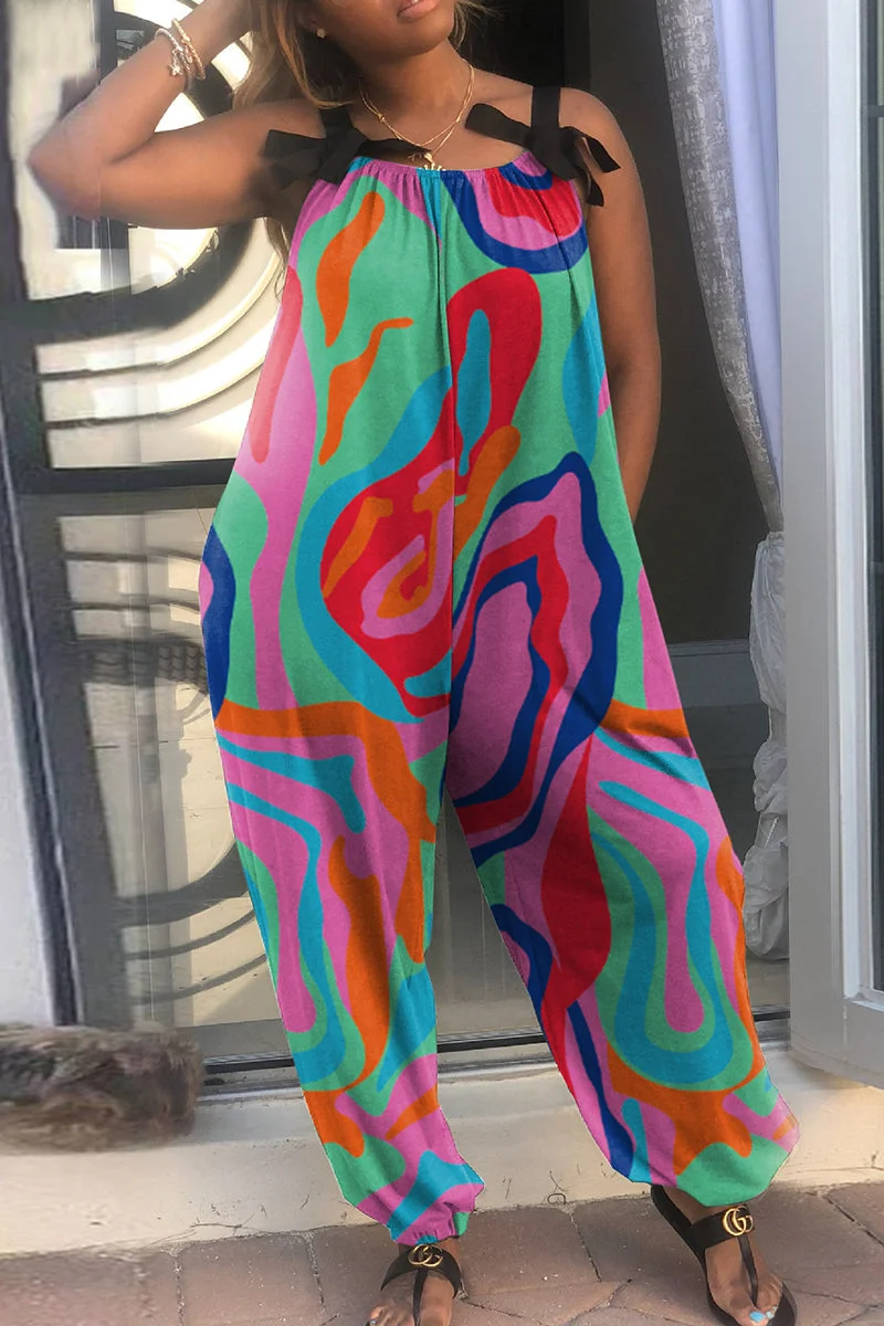 Fashion Casual Print Patchwork Backless Spaghetti Strap Regular Jumpsuits