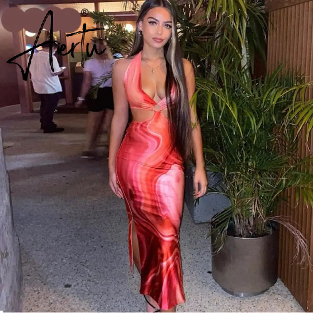 Aiertu Tie Dye Summer Dress Women Waist Cut Out Backless Halter Robe Festival Clubwear Bodycon Sexy Party Maxi Dresses Aiertu