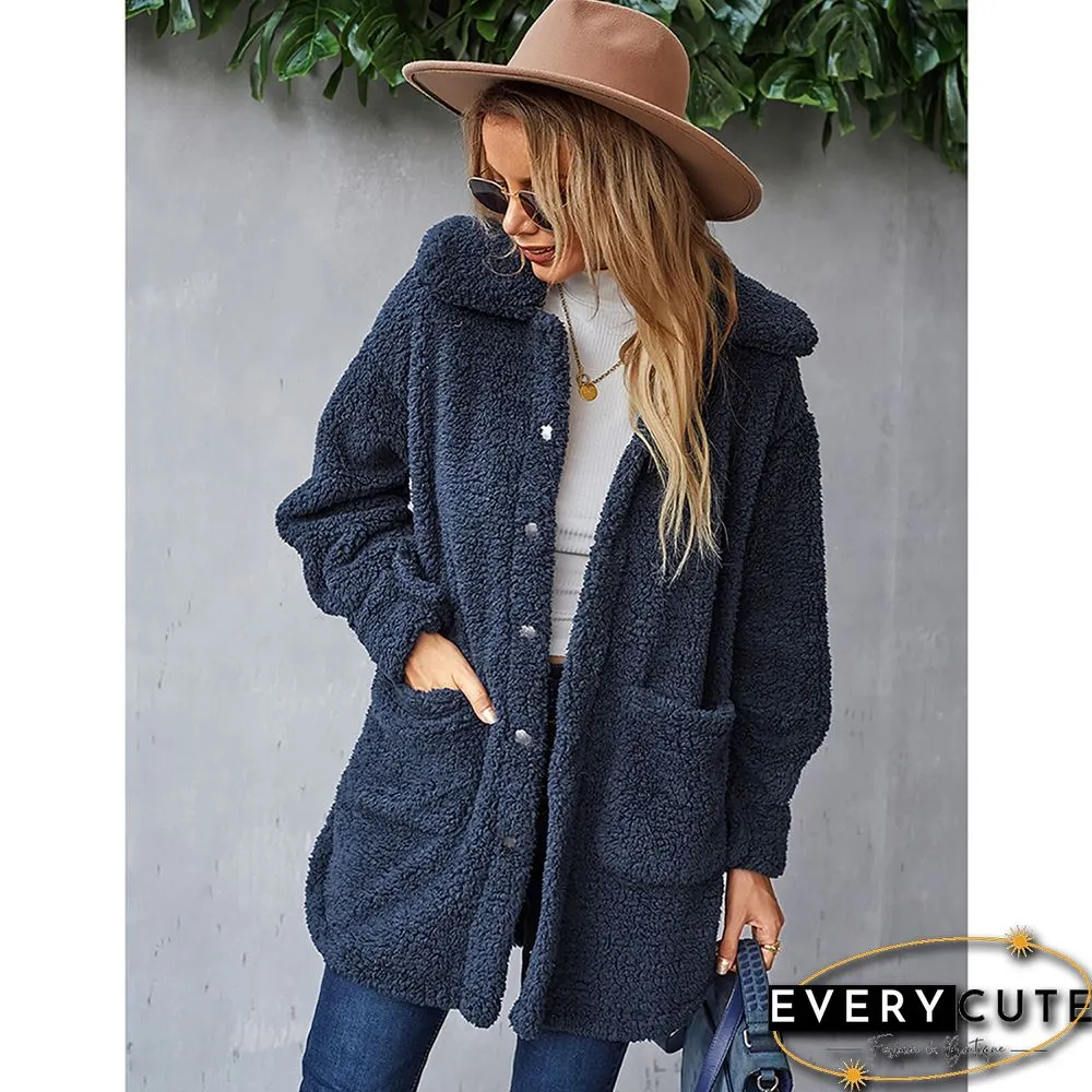 Navy Blue Double-sided Velvet Buttoned Plush Warm Coat
