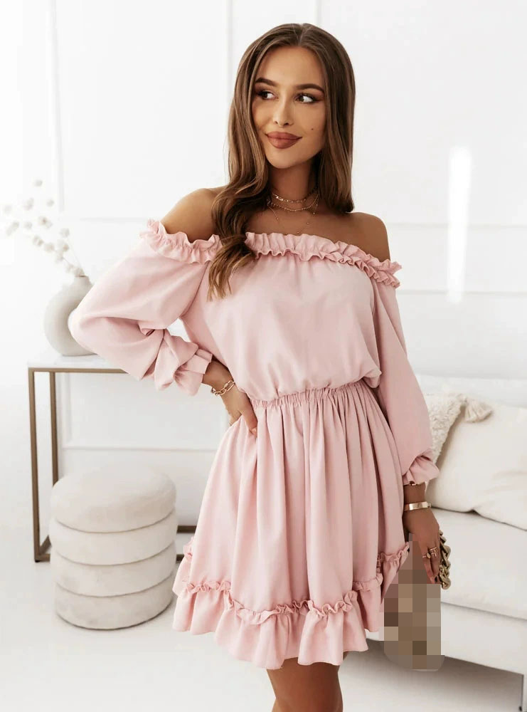 Mutualwheels Spring Summer New Women's Fashion Solid Color One Piece Collar Off Shoulder Waist Lantern Sleeve Long Sleeve Casual Dress