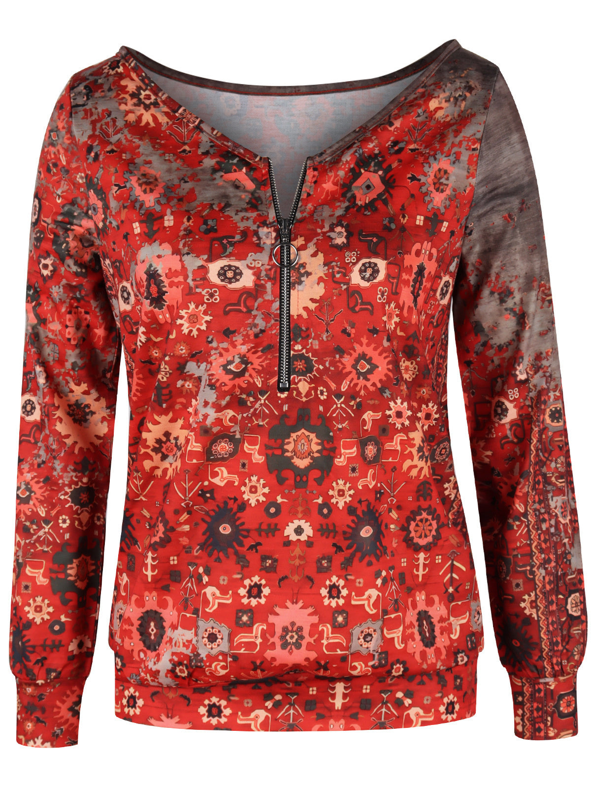 Women Long Sleeve V-neck Graphic Floral Printed Top