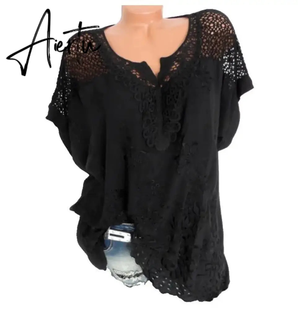 Large Size Loose Short-Sleeved Lace Women Blouses Cotton Blouses Summer Shirt Tops Sexy Fashion Women Shirt Aiertu