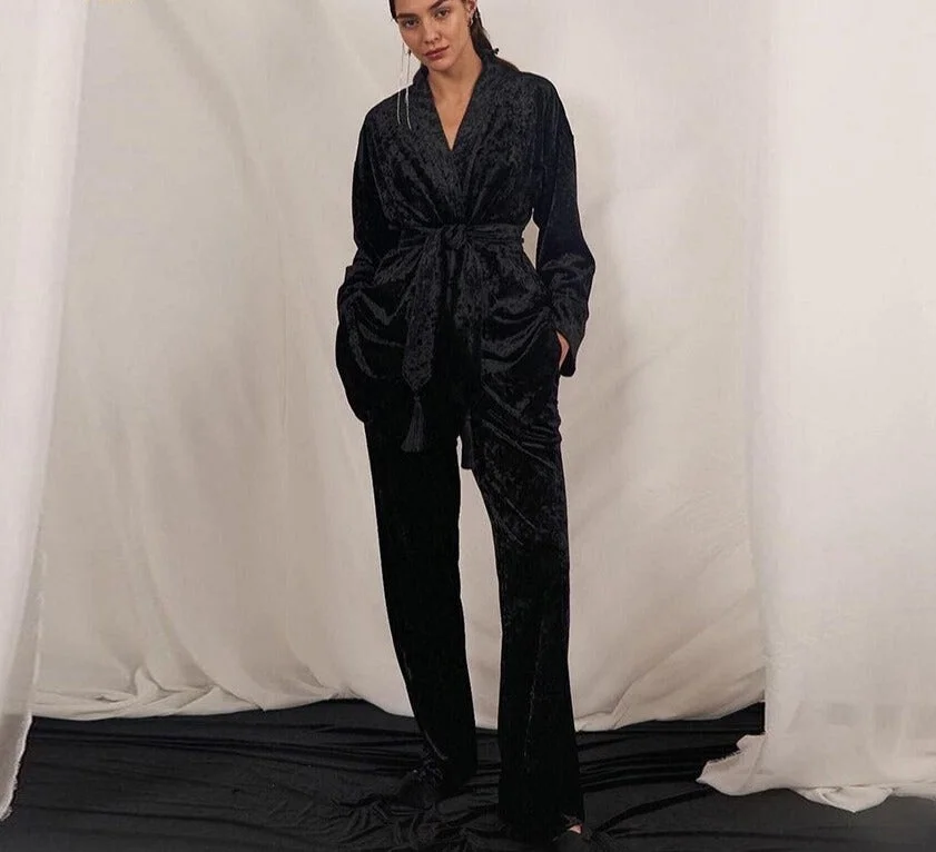 Uforever21 Fall Outfits  Casual Loose Home Suits Elegant Khaki Velvet Pants Set Winter Long Sleeve Lace-Up Tops Pajamas 2 Piece Sets Women Outfit