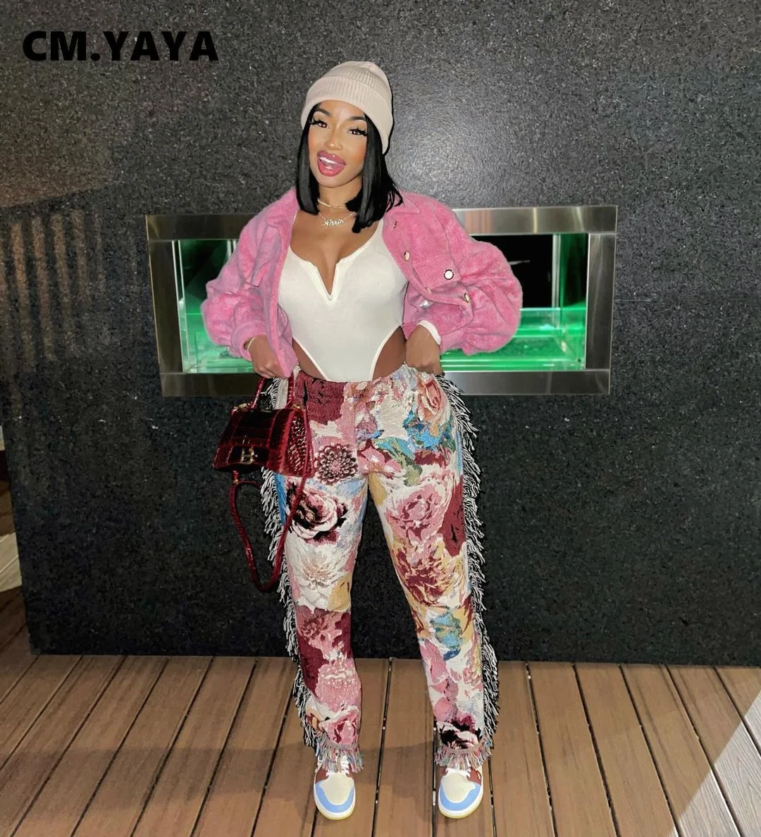 CM.YAYA Autumn Spring Women Pants High Waist Activewear Pencil Trousers Sporty Print Tassel Jogger Pants Sweatpants