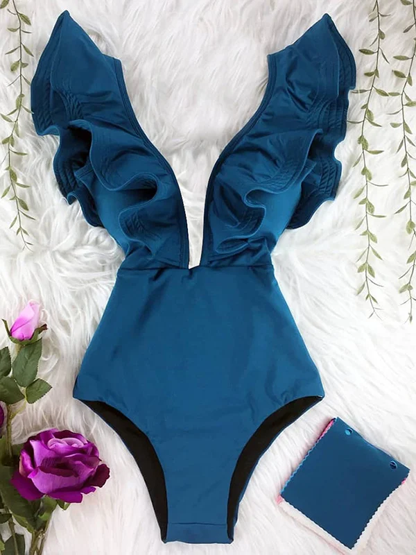 Solid Color Falbala V-Neck One-Piece Swimsuit