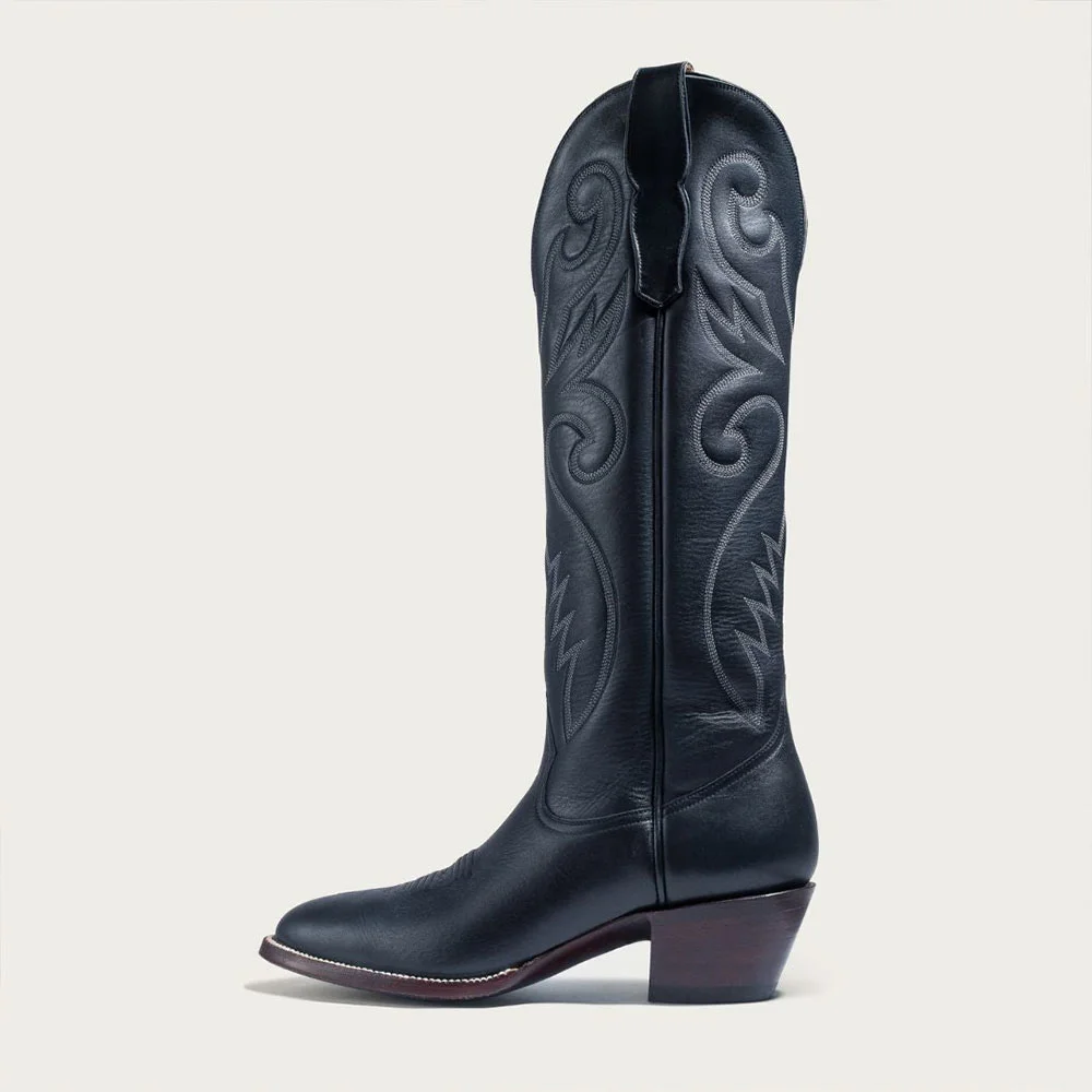 Navy Pointed Toe Knee High Embroidered Cowgirl Boots with Block Heel Nicepairs