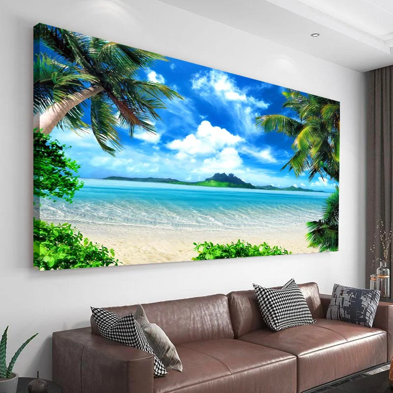 Coconut Trees On Sands Beach Seascape Scenery Canvas Wall Art
