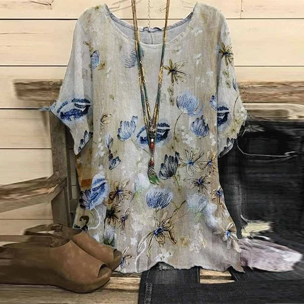 Women's Casual Loose Floral Print Short Sleeve Tops