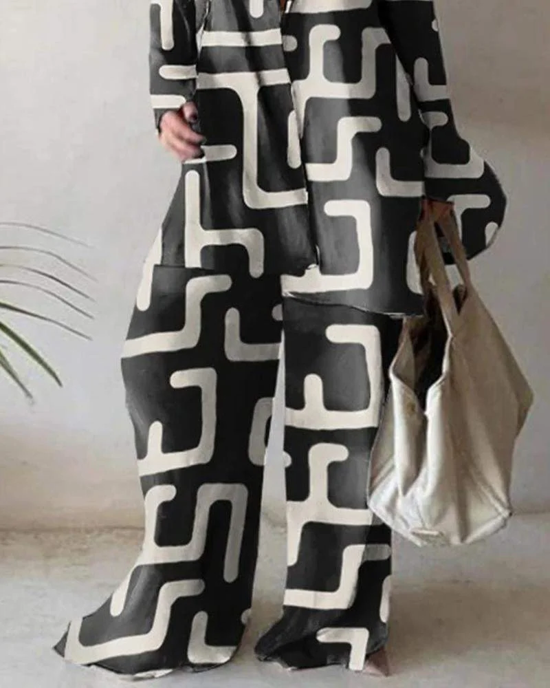 Printed Loose Long Sleeve Shirt + Straight Pants