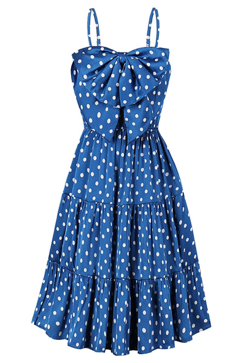 1950s Blue Polka Dot Bow Rockabilly Midi Dresses