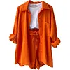Women's Wrinkled Fabric Casual Long Sleeve Shirt High Waist Drawstring Shorts Two-piece Set