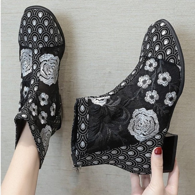 Womens's mesh hollowed flowers embroidery summer booties retro zipper boots
