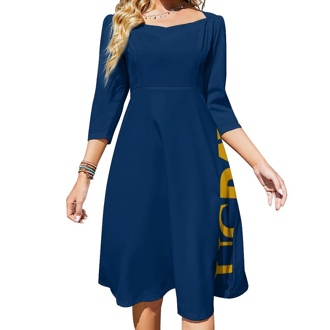 Uc Davis Wordmark Dress Sweetheart Tie Back Flared 3/4 Sleeve Midi Dresses