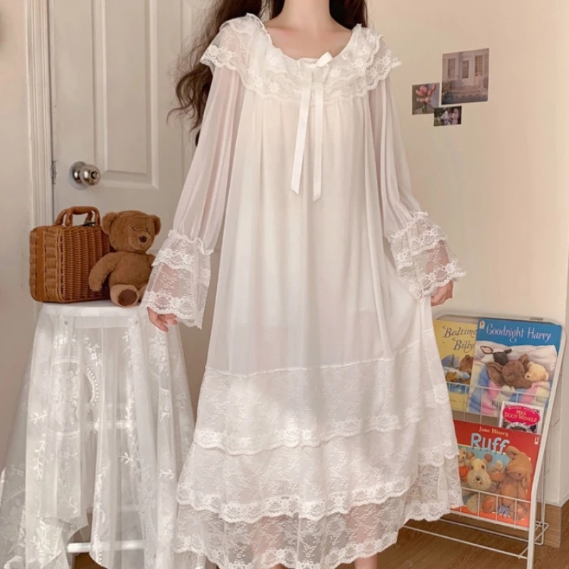 Gamezplane fall 2025 Kawaii Korea Style Women's Dressing Gown Spring Ladies Princess Sleepwear Lace Sleeve O Neck Mesh Peignoir Fairy Night Dress