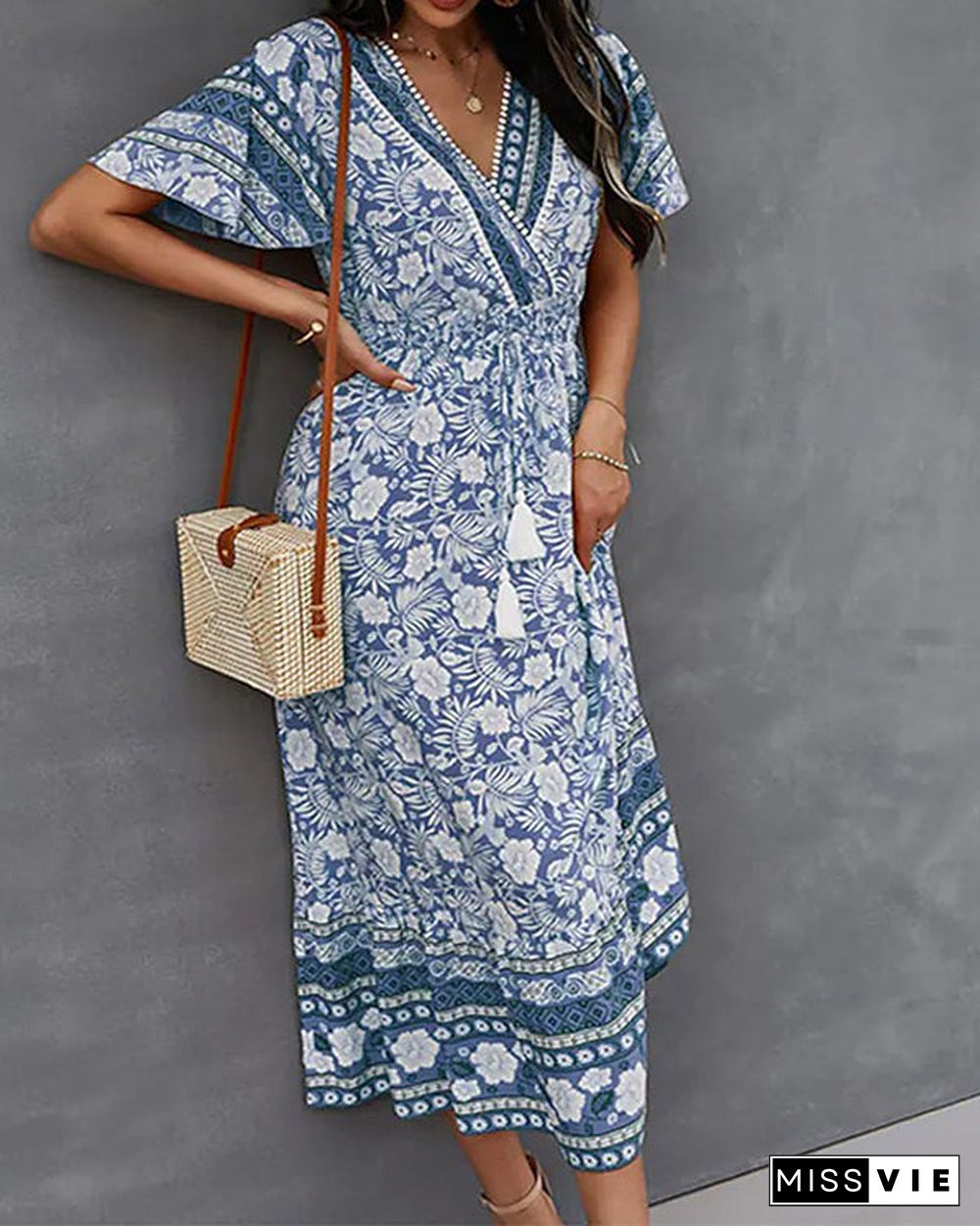 Casual Vintage Boho V-Neck Print Dress