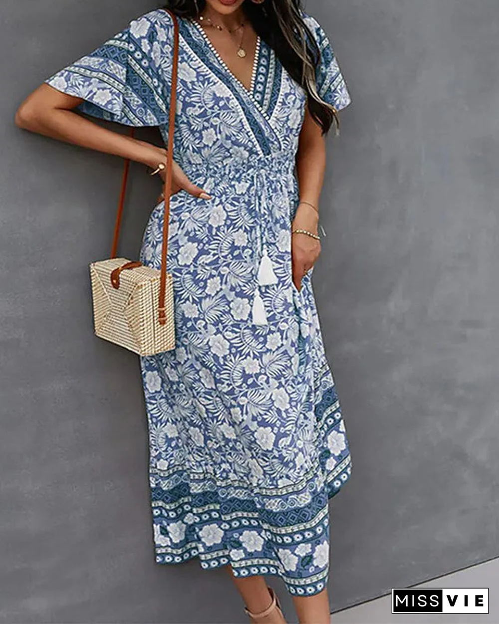 Casual Vintage Boho V-Neck Print Dress