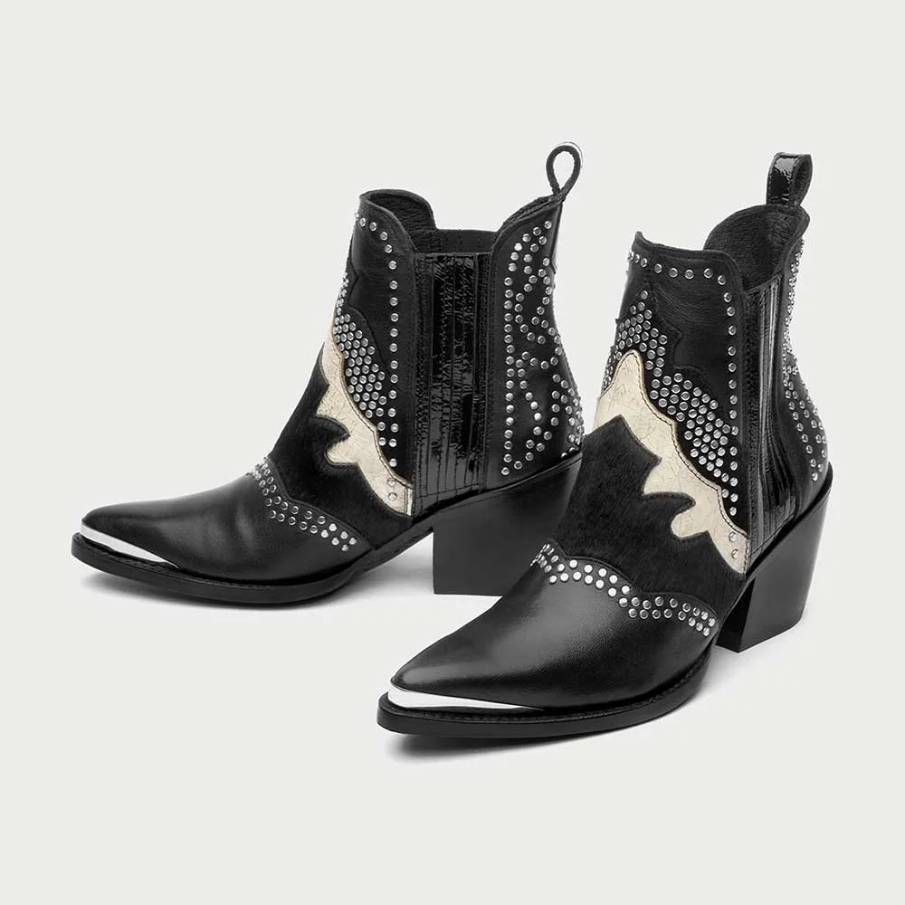 Black Vegan Leather Pointed Toe Chunky Heel Stud Cowgirl Ankle Boots