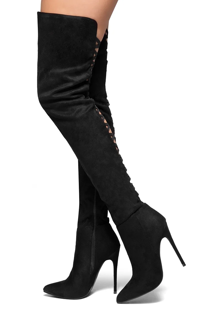 Black Vegan Suede Pointy Toe Thigh High Boots with Stiletto Heels |FSJ Shoes