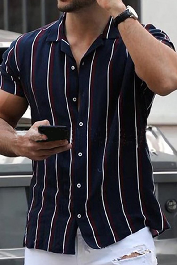 Tiboyz Men's Striped Casual Short Sleeve Shirt