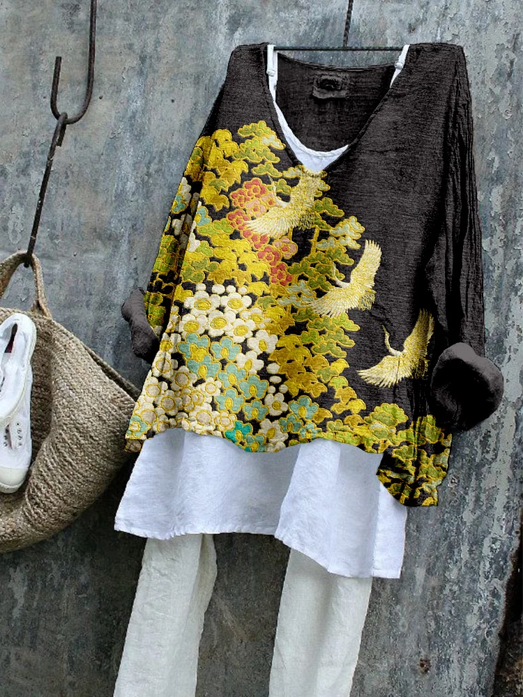 Vintage Floral & Cranes Art Linen Blend Shirt
