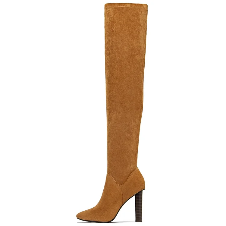 Almond Toe Tan Thigh High Chunky Heel Zipper Suede Boots Vdcoo