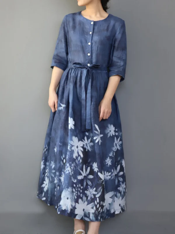 Casual Digital Printing Positioning Floral Round Neck Midi Dress