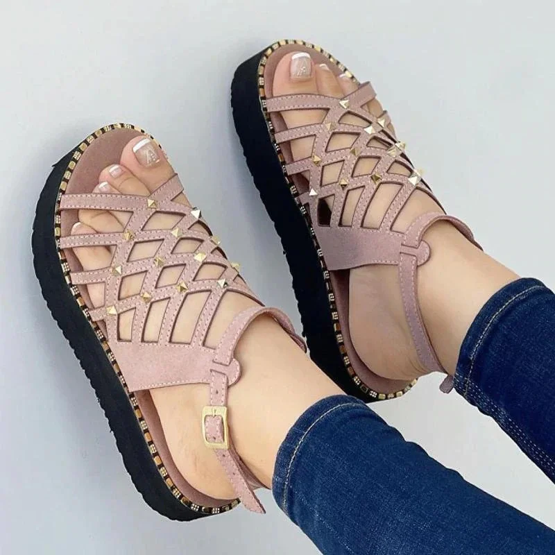 Qengg New Women Casual Sandals Fashion Hollow Cross Rivet Fish Mouth Flats Round Toe Platform Comfortable Beach Sandals Sandalia Nuvem