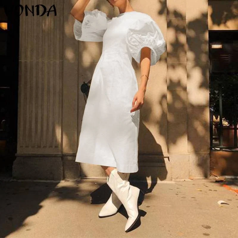 Mid-Calf Dress 2022 VONDA Woman Summer O Neck Short Lantern Sleeve Dresses Bohemian Party Vestidos Femme Mid-Calf Length Robes