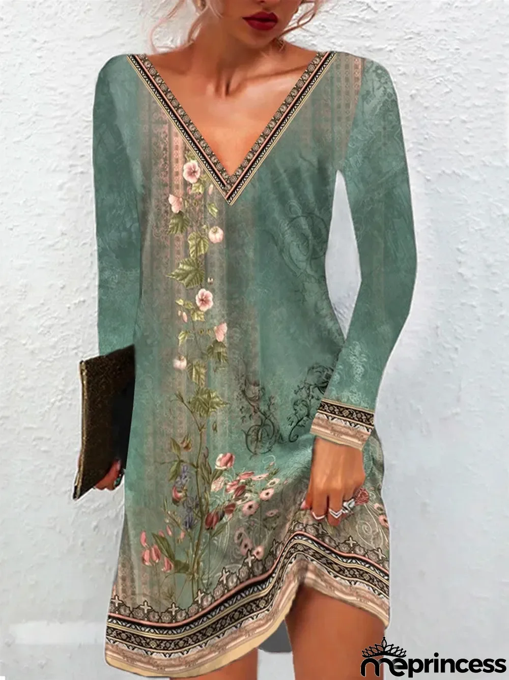 Women's Long Sleeve V-neck Floral Print Casual Loose Dress