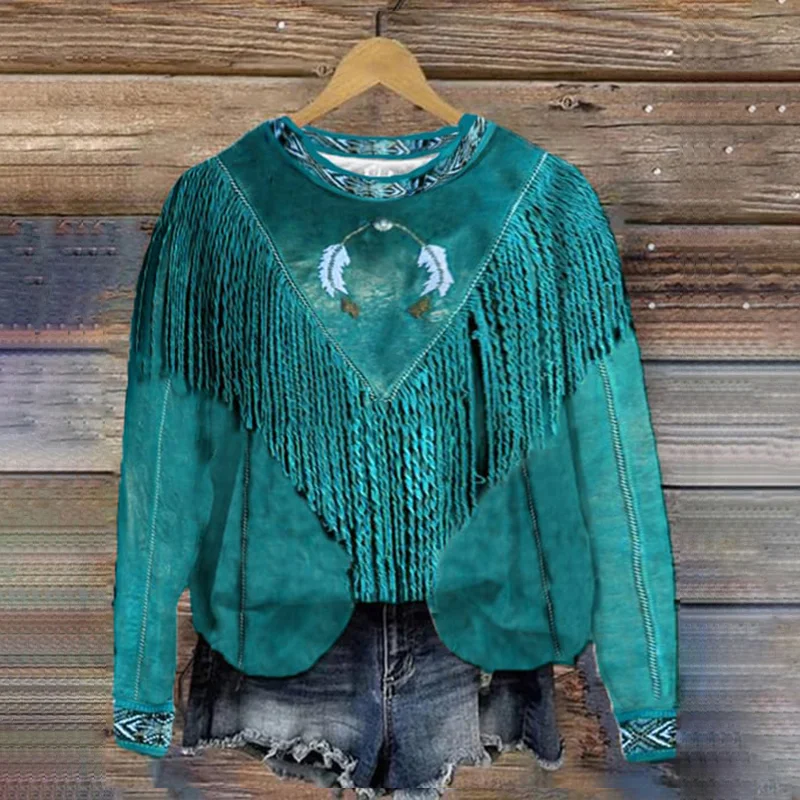 Western Tassel Printed Crew Neck Casual Sweatshirt