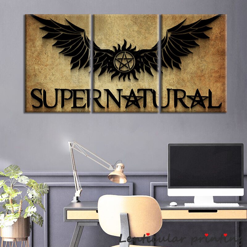 3panels TV Series Superrnatural Poster Black Angle's Wing Vintage Oil Painting Canvas Wall Art Bedroom Decor