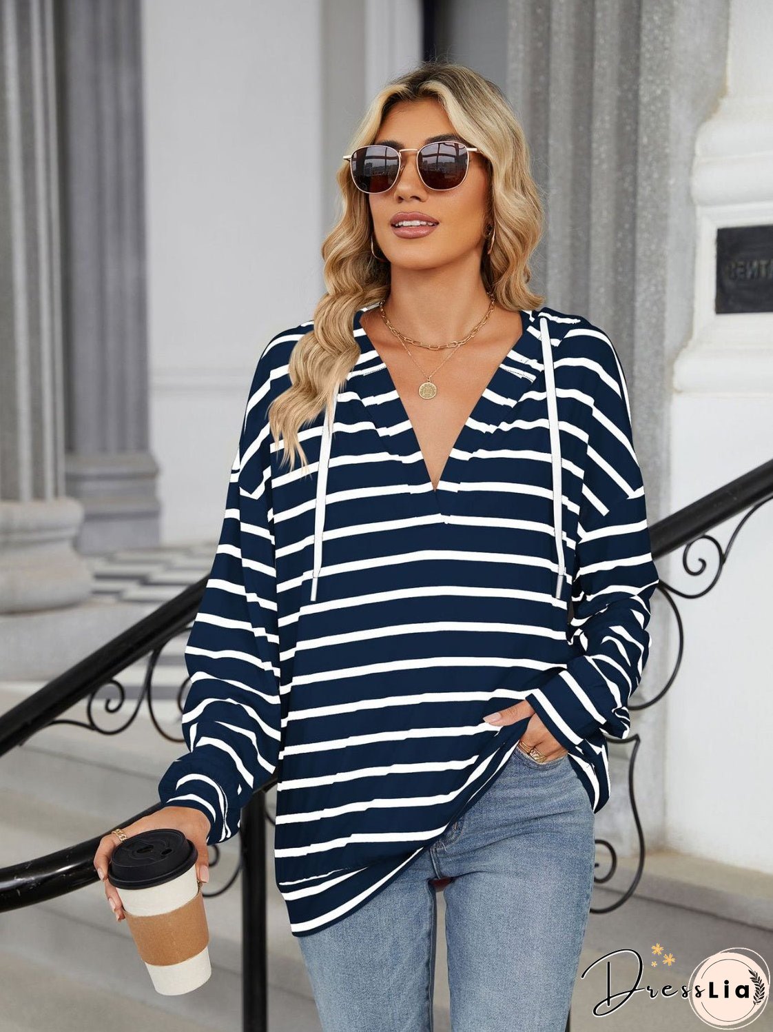 Drawstring Striped Long Sleeve Hoodie