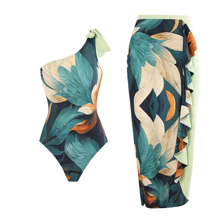 One Shoulder Printed One Piece Swimsuit and Sarong Flaxmaker