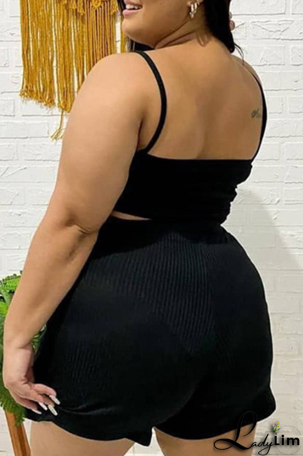 Black Fashion Solid Patchwork Spaghetti Strap Plus Size Two Pieces