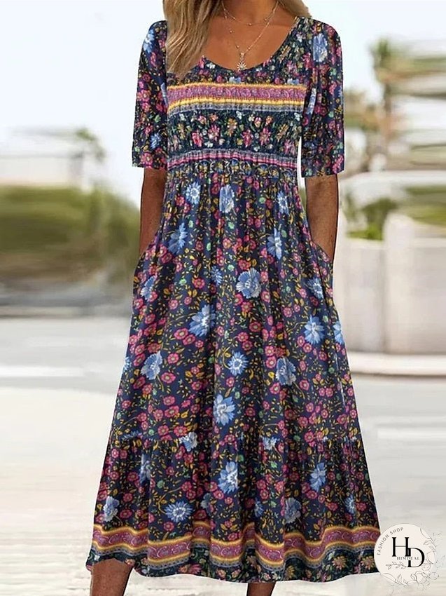 Casual Dress Summer Dress Boho Dress Floral Ruched Pocket Crew Neck Midi Dress Fashion Modern Outdoor Daily Short Sleeve Regular Fit Pink Dark Blue Light Blue Summer Spring S M L XL XXL for Women