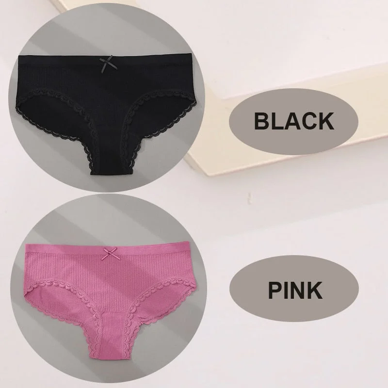 FINETOO 2PCS/Set M-2XL Women Seamless Sexy Panties Cute Bownot 6 Solid Color Girl Underwear Briefs Lingerie Underpant Lace Panty