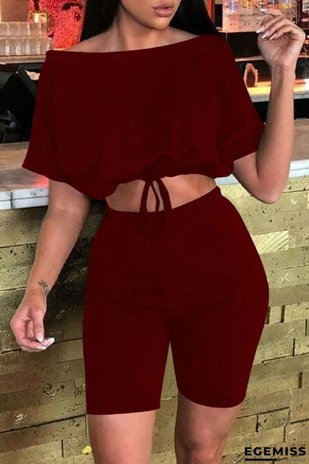 Burgundy Fashion Casual Solid Basic Off the Shoulder Half Sleeve Two Pieces | EGEMISS