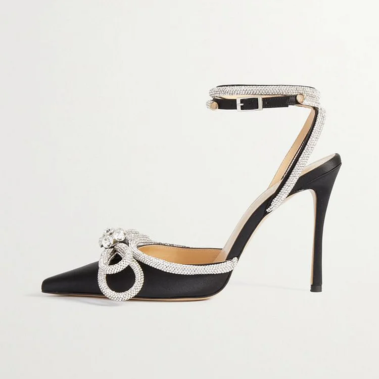 Black Stiletto Heels Satin Pumps Pointed Toe Rhinestones Bow Shoes |FSJ Shoes