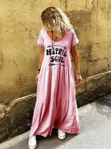Letter Short Sleeve Crew Neck Boho Dress
