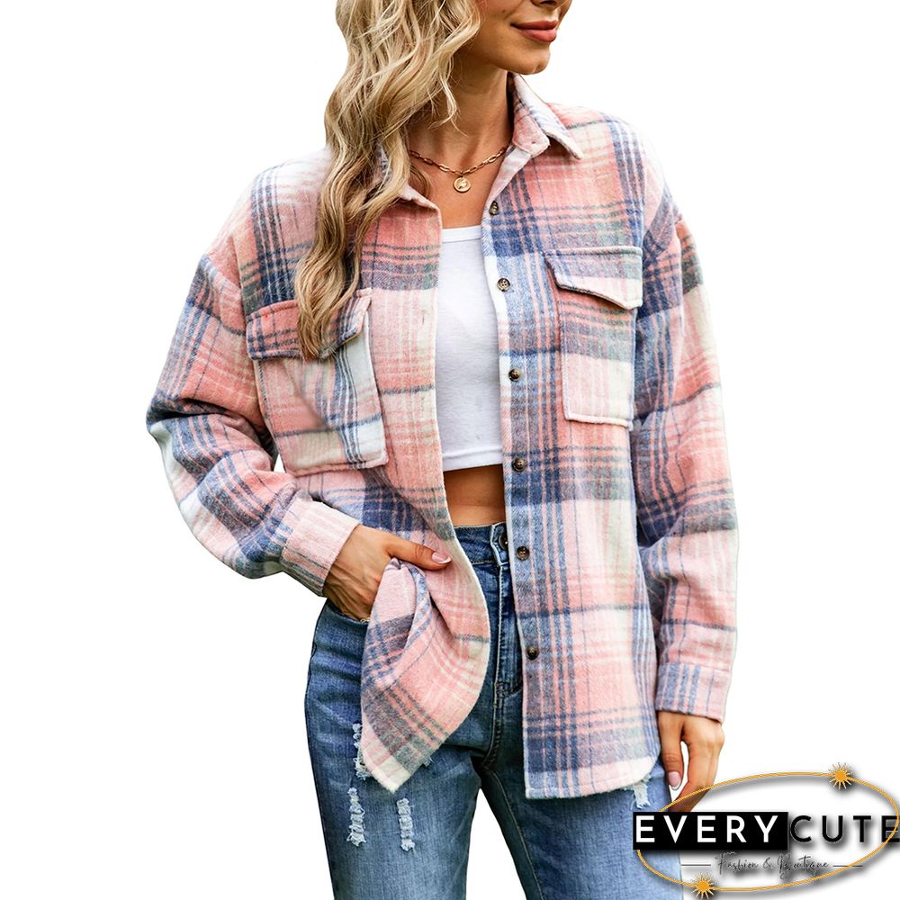Pink Plaid Print Button Shacket with Pocket