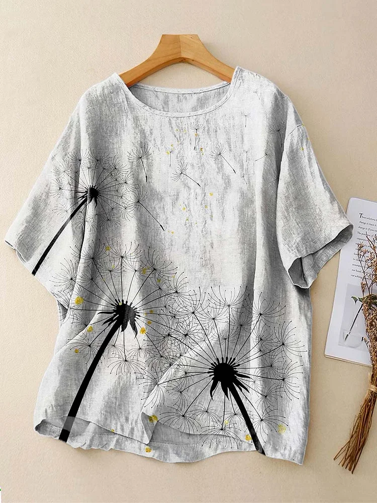 Women's Lovely Dandelion Pattern Art Print Casual Cotton Linen Crew Neck Shirt