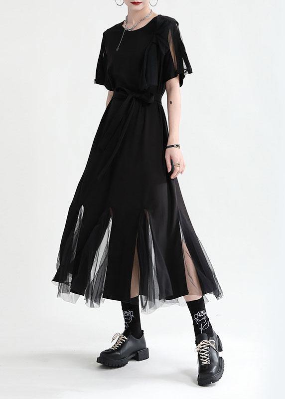 VCSHOES Black Patchwork Tulle Summer Tie Waist Dress Short Sleeve