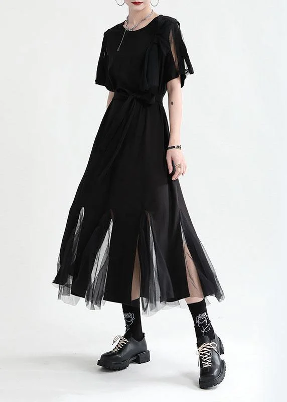 Art Black Patchwork Tulle Summer Tie Waist Dress Short Sleeve