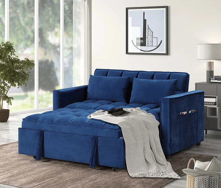 Bestier 3 in 1 Convertible Sleeper Sofa Bed, Modern Velvet Loveseat Futon Couch Pullout Bed, Blue