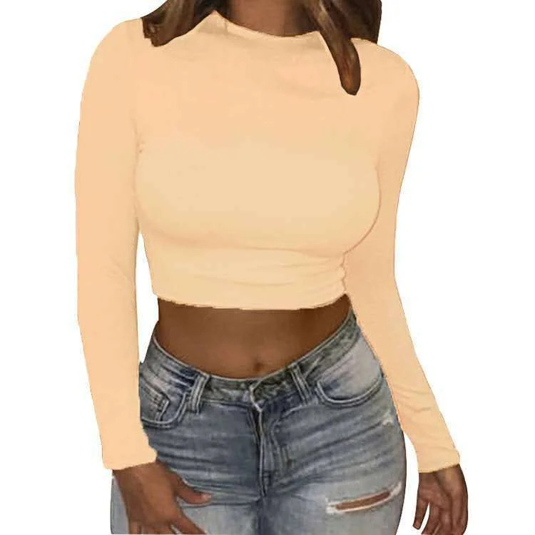 Billlnai 2023 Graduation party  Solid Color Sexy T Shirts Brown Long Sleeve Crop Top Y2k Shirt Spring Fall Knitted Pullover Casual Bodycon Tshirt Women Clothing