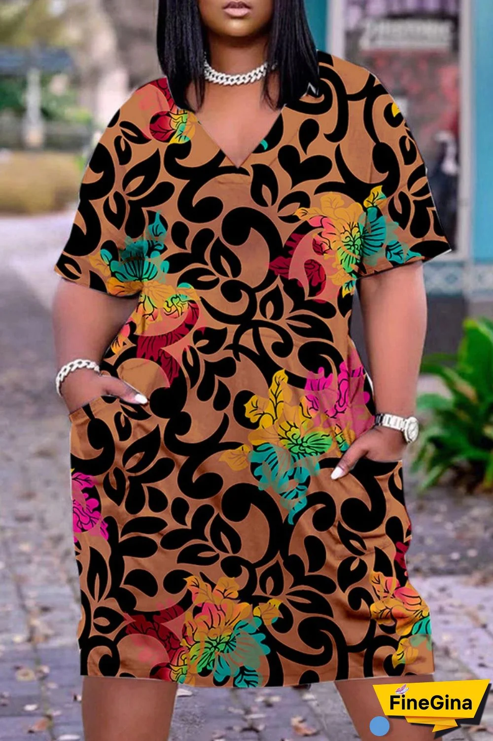 Brown Casual Print Patchwork V Neck Short Sleeve Dress