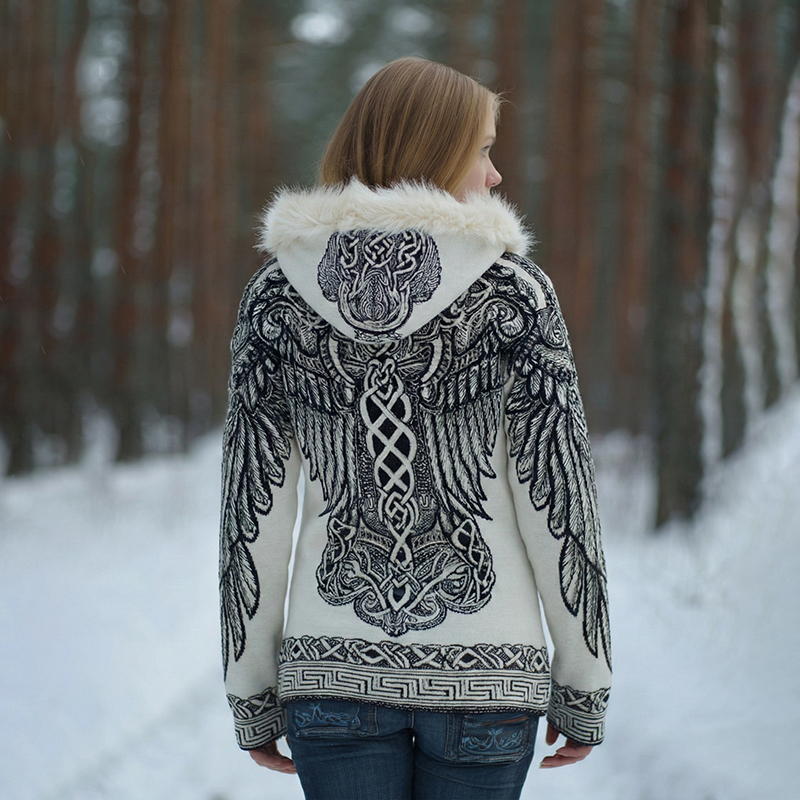 Women's Viking Wing Celtic Art Knit Warm Cozy Fur Trim Hooded Cardigan elevenforest