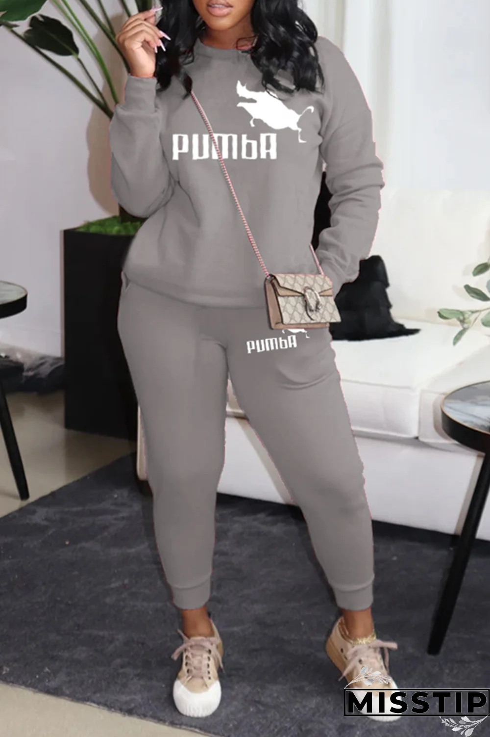 Rose Red Street Print Patchwork O Neck Long Sleeve Two Pieces